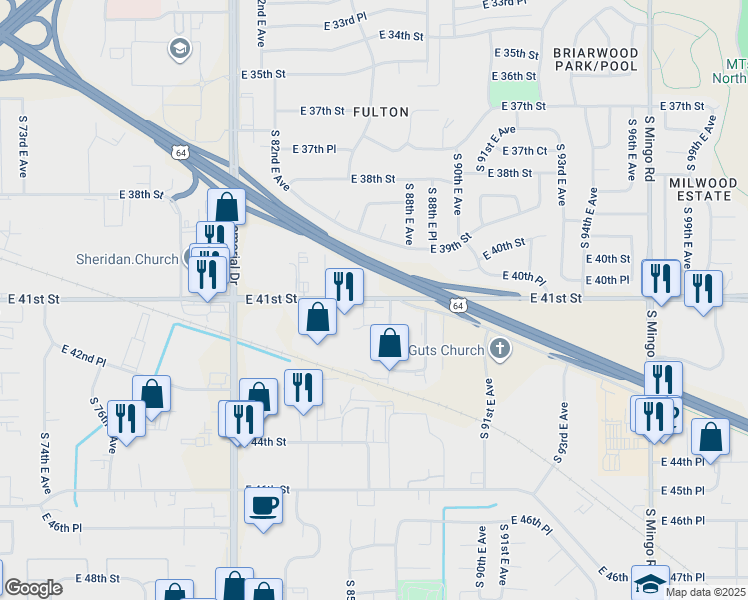 map of restaurants, bars, coffee shops, grocery stores, and more near Broken Arrow Expressway in Tulsa