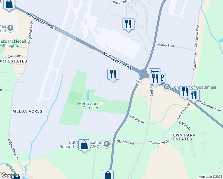 map of restaurants, bars, coffee shops, grocery stores, and more near 1 Dell Parkway in Nashville