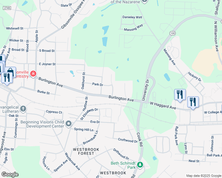 map of restaurants, bars, coffee shops, grocery stores, and more near 105 Sullivan Court in Gibsonville