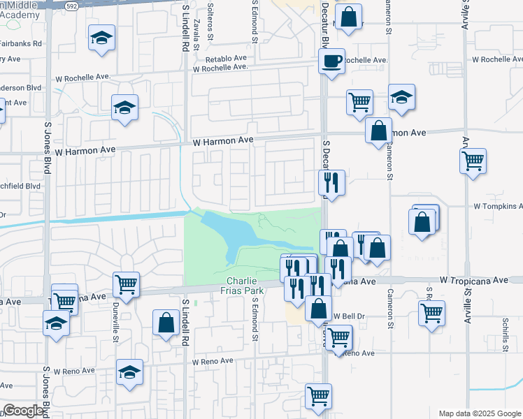 map of restaurants, bars, coffee shops, grocery stores, and more near 5175 Ridge Drive in Las Vegas