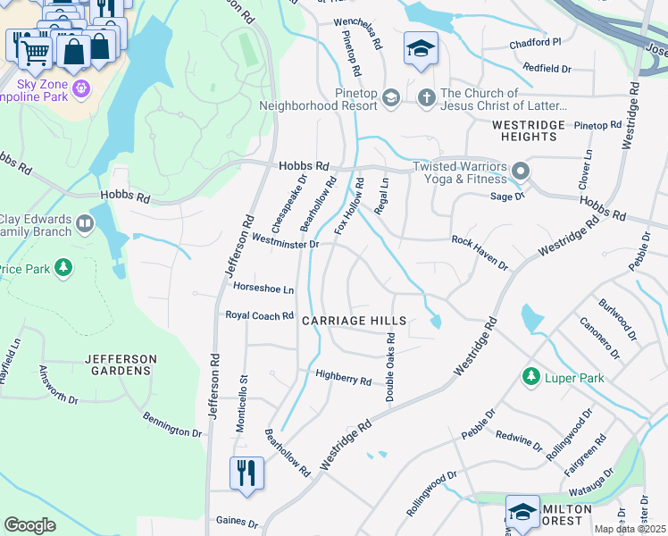 map of restaurants, bars, coffee shops, grocery stores, and more near 1614 Fox Hollow Road in Greensboro