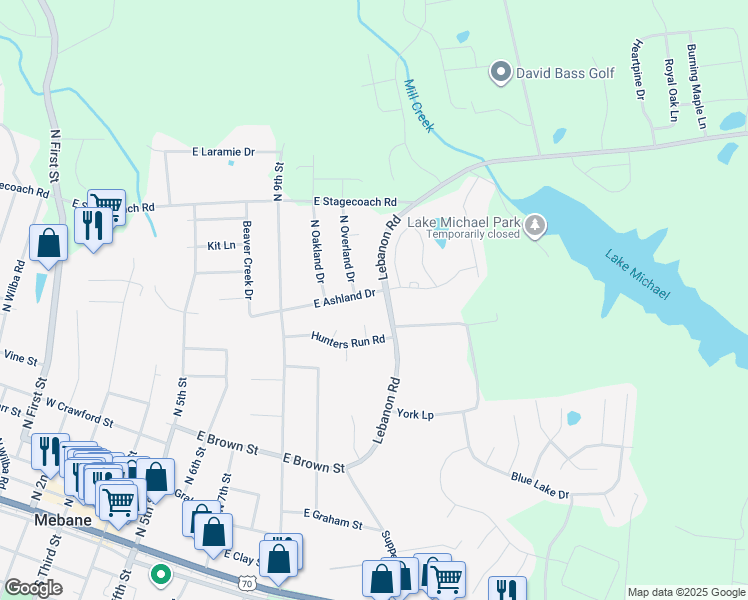map of restaurants, bars, coffee shops, grocery stores, and more near 802 East Ashland Drive in Mebane
