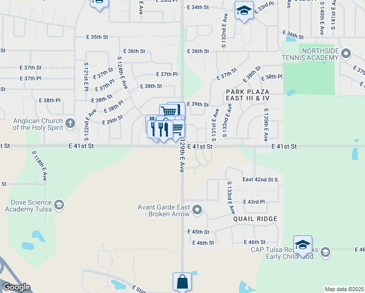 map of restaurants, bars, coffee shops, grocery stores, and more near E 41st St & S 129th E Ave in Tulsa