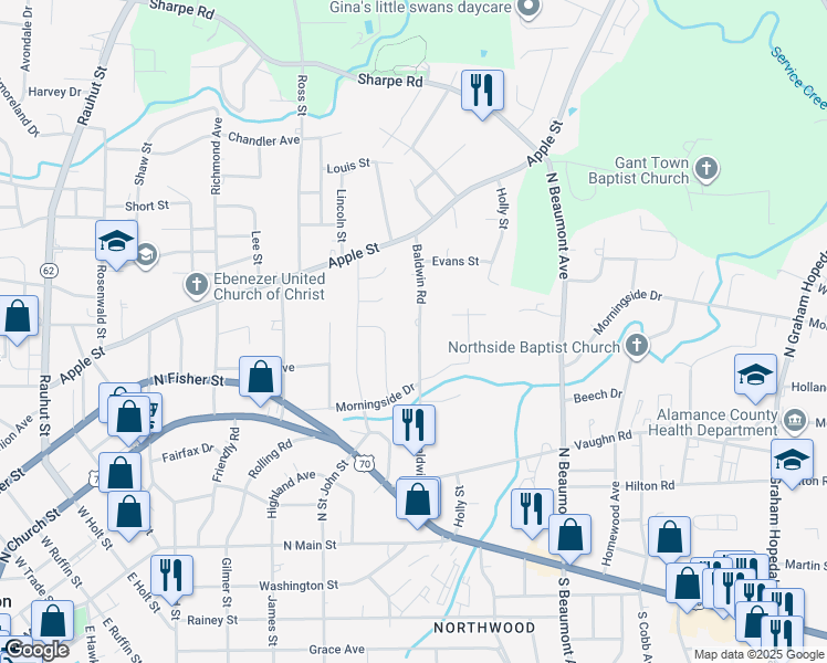 map of restaurants, bars, coffee shops, grocery stores, and more near 540 Baldwin Road in Burlington