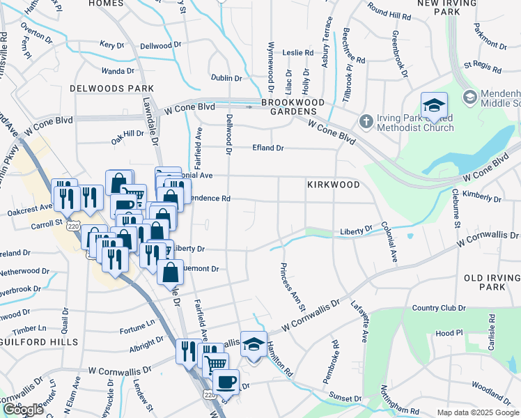map of restaurants, bars, coffee shops, grocery stores, and more near in Greensboro