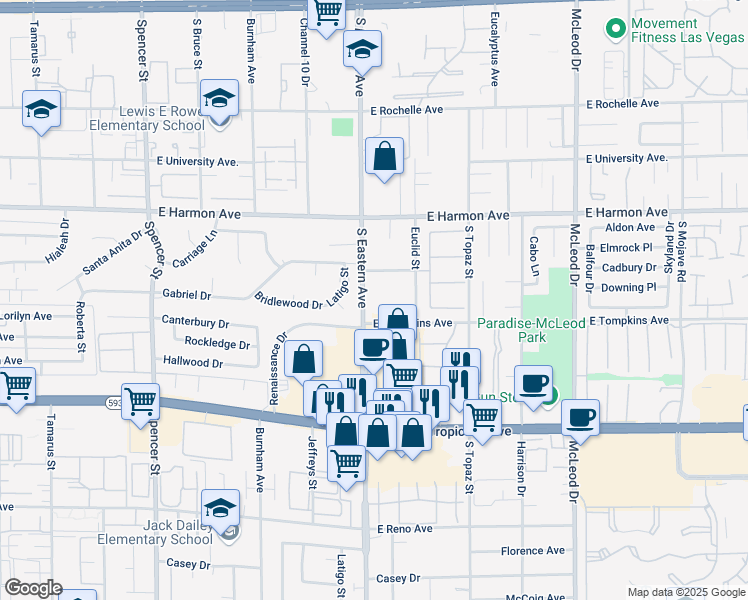 map of restaurants, bars, coffee shops, grocery stores, and more near 4630 South Eastern Avenue in Las Vegas