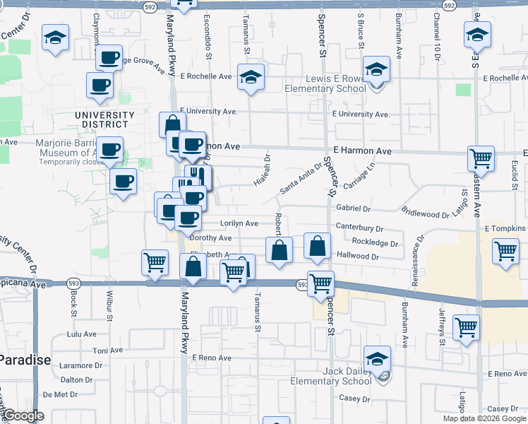 map of restaurants, bars, coffee shops, grocery stores, and more near 1468 Santa Anita Drive in Las Vegas