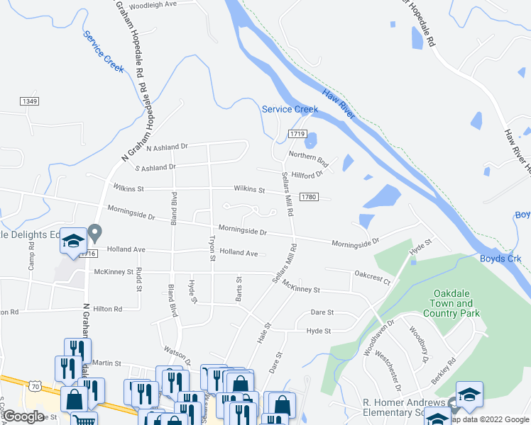 map of restaurants, bars, coffee shops, grocery stores, and more near 2314 Pine Knoll Terrace in Burlington