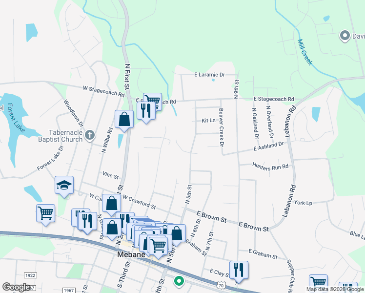 map of restaurants, bars, coffee shops, grocery stores, and more near 803 North 5th Street in Mebane