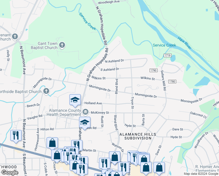 map of restaurants, bars, coffee shops, grocery stores, and more near 2018 Morningside Drive in Burlington