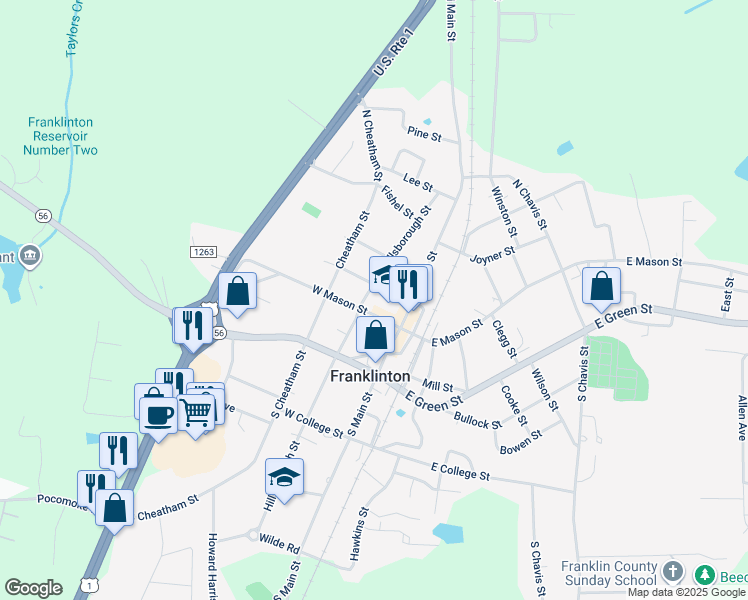 map of restaurants, bars, coffee shops, grocery stores, and more near 85 Vino Trail in Franklinton