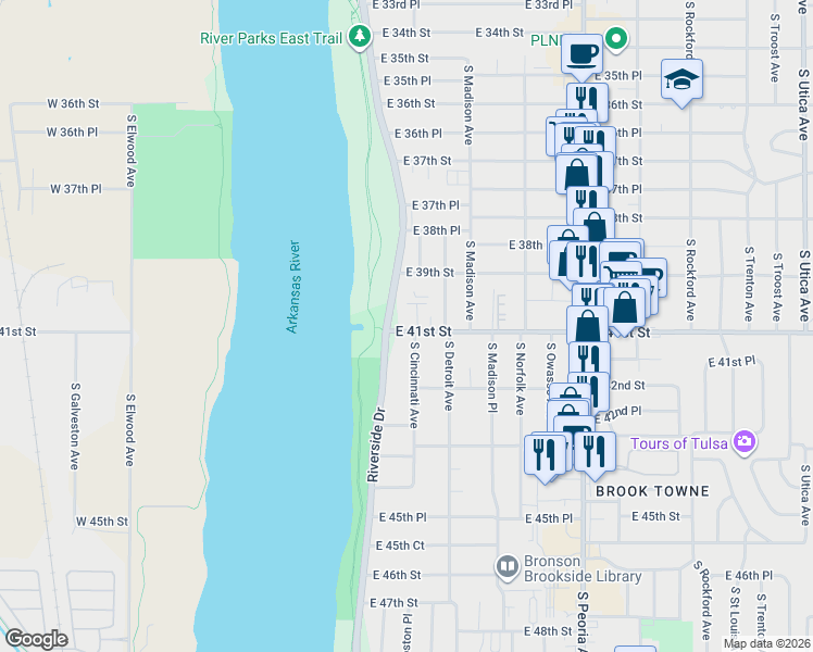 map of restaurants, bars, coffee shops, grocery stores, and more near 111 East 41st Street in Tulsa