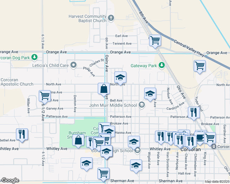map of restaurants, bars, coffee shops, grocery stores, and more near 1900 Bell Avenue in Corcoran