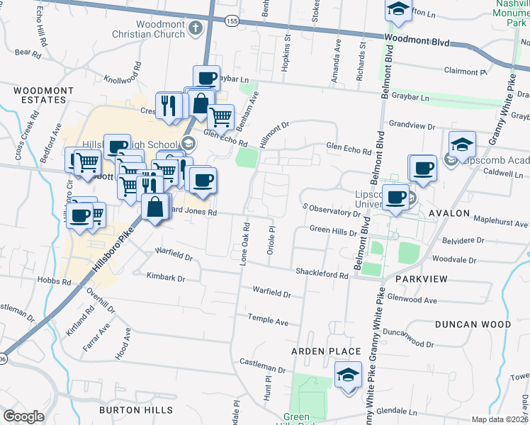 map of restaurants, bars, coffee shops, grocery stores, and more near 1900 Richard Jones Road in Nashville