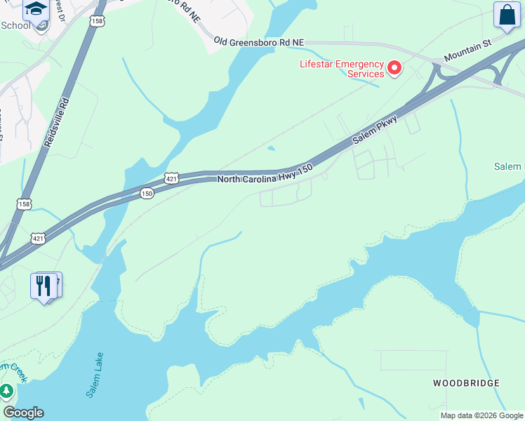 map of restaurants, bars, coffee shops, grocery stores, and more near 1519 Forest Knolls Circle Southeast in Winston-Salem