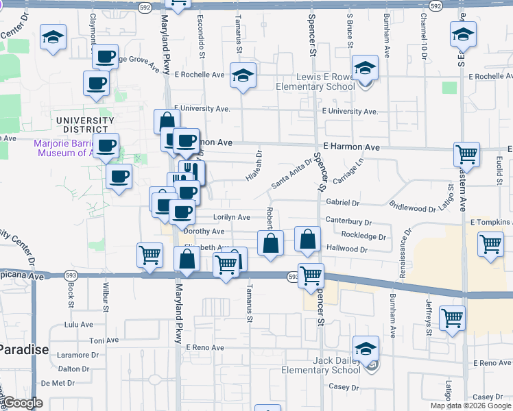 map of restaurants, bars, coffee shops, grocery stores, and more near 1468 Santa Anita Drive in Las Vegas