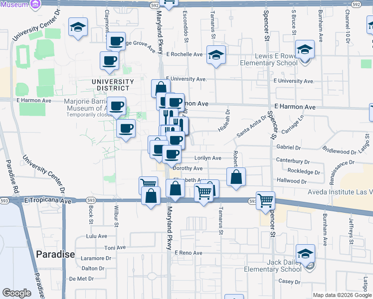 map of restaurants, bars, coffee shops, grocery stores, and more near 1305 Del Mar Street in Las Vegas