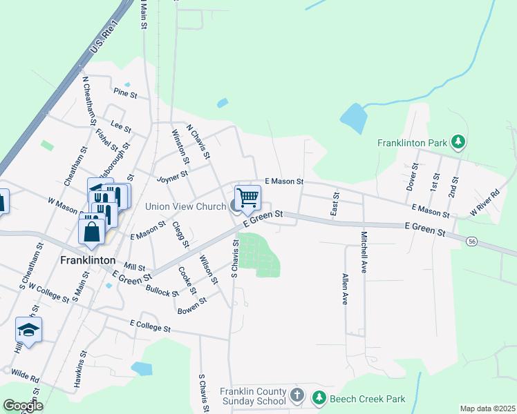 map of restaurants, bars, coffee shops, grocery stores, and more near 2 Franklin Street in Franklinton