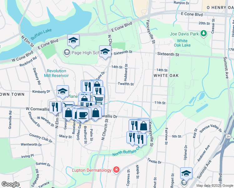 map of restaurants, bars, coffee shops, grocery stores, and more near 2314 North Church Street in Greensboro