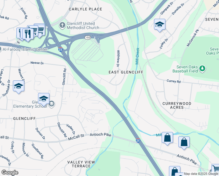 map of restaurants, bars, coffee shops, grocery stores, and more near 1005 Drummond Drive in Nashville