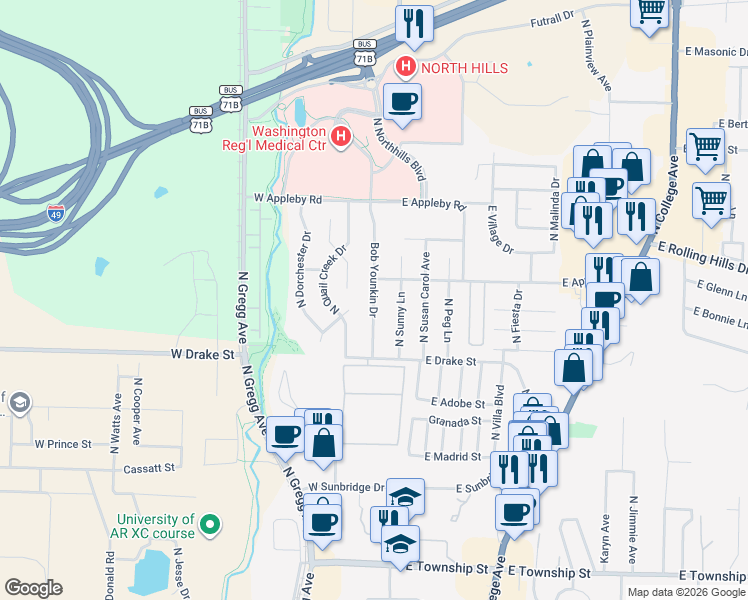 map of restaurants, bars, coffee shops, grocery stores, and more near Bob Younkin Dr in Fayetteville