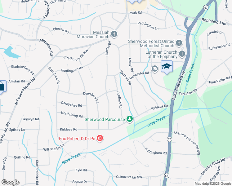 map of restaurants, bars, coffee shops, grocery stores, and more near 695 Lichfield Road in Winston-Salem