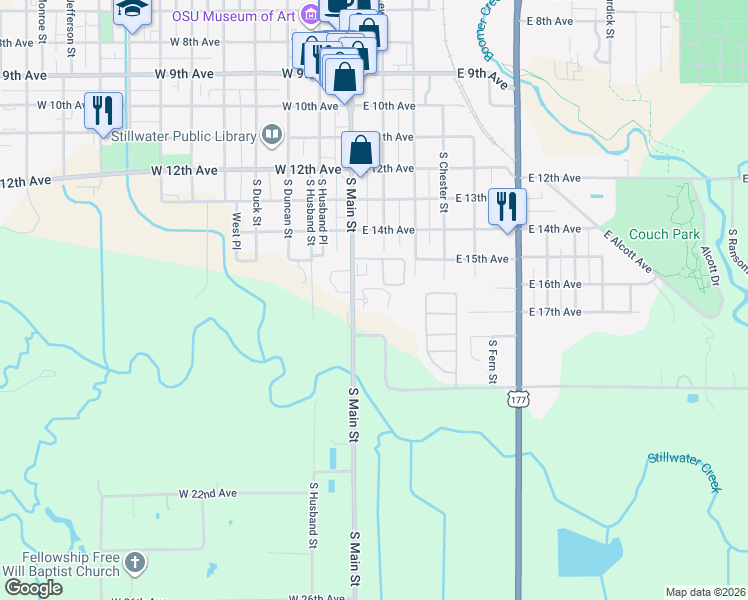 map of restaurants, bars, coffee shops, grocery stores, and more near 1601 South Main Street in Stillwater