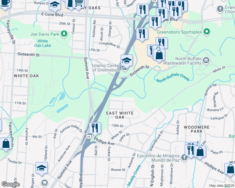 map of restaurants, bars, coffee shops, grocery stores, and more near 1945 White Street in Greensboro