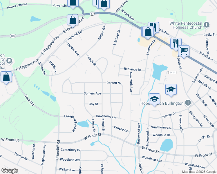 map of restaurants, bars, coffee shops, grocery stores, and more near 1614 McCuiston Drive in Burlington