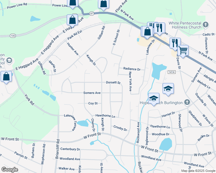 map of restaurants, bars, coffee shops, grocery stores, and more near 1614 McCuiston Drive in Burlington