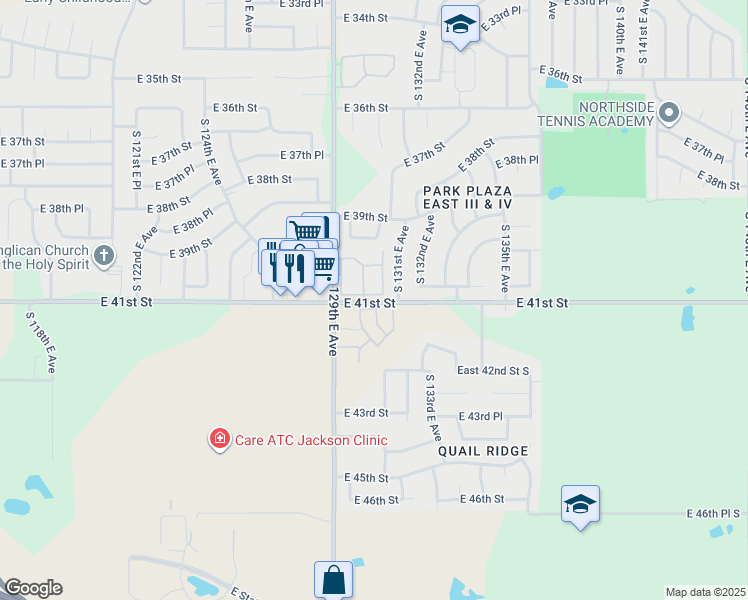 map of restaurants, bars, coffee shops, grocery stores, and more near 4019 South 130th East Avenue in Tulsa