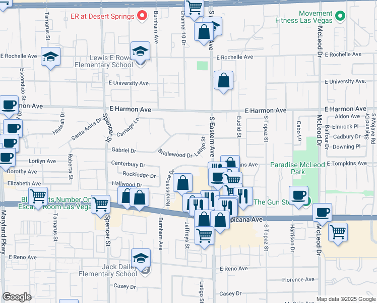 map of restaurants, bars, coffee shops, grocery stores, and more near 2258 Bridlewood Drive in Las Vegas