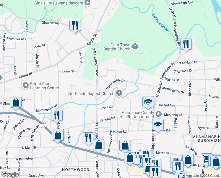 map of restaurants, bars, coffee shops, grocery stores, and more near 1439 Morningside Drive in Burlington