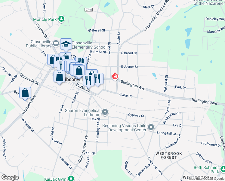 map of restaurants, bars, coffee shops, grocery stores, and more near 339 Burke Street in Gibsonville