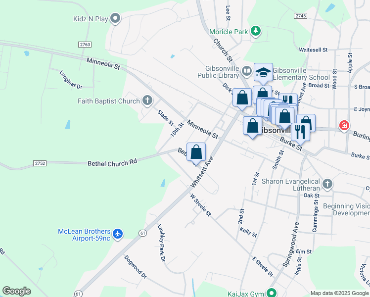map of restaurants, bars, coffee shops, grocery stores, and more near 512 Bethel Street in Gibsonville