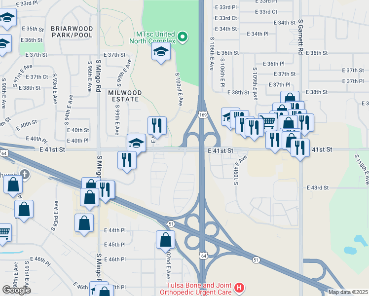 map of restaurants, bars, coffee shops, grocery stores, and more near 10509 East 41st Street in Tulsa