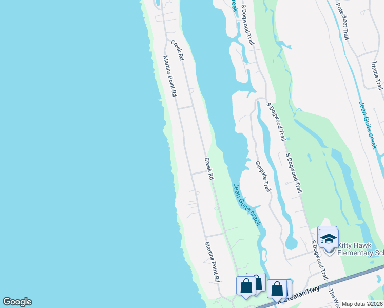 map of restaurants, bars, coffee shops, grocery stores, and more near 3024 Creek Road in Kitty Hawk