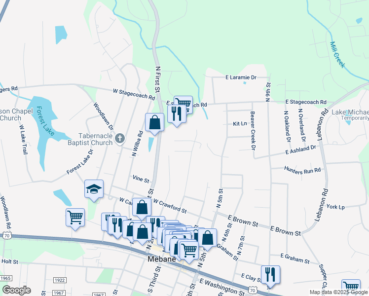 map of restaurants, bars, coffee shops, grocery stores, and more near 202 Belle Court in Mebane