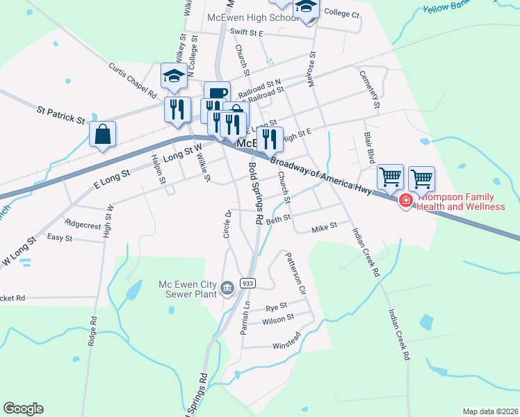 map of restaurants, bars, coffee shops, grocery stores, and more near 167 Bold Springs Road in McEwen