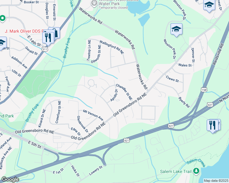 map of restaurants, bars, coffee shops, grocery stores, and more near 3050 Apollo Drive in Winston-Salem