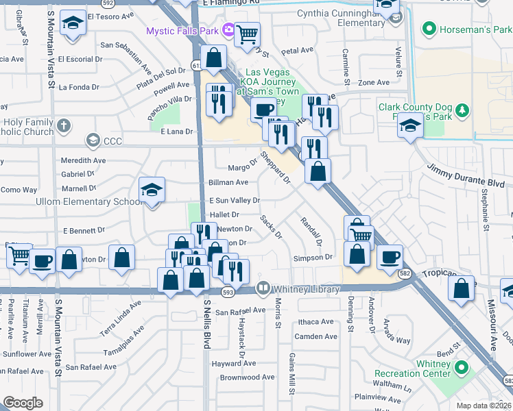 map of restaurants, bars, coffee shops, grocery stores, and more near 5149 East Sun Valley Drive in Las Vegas