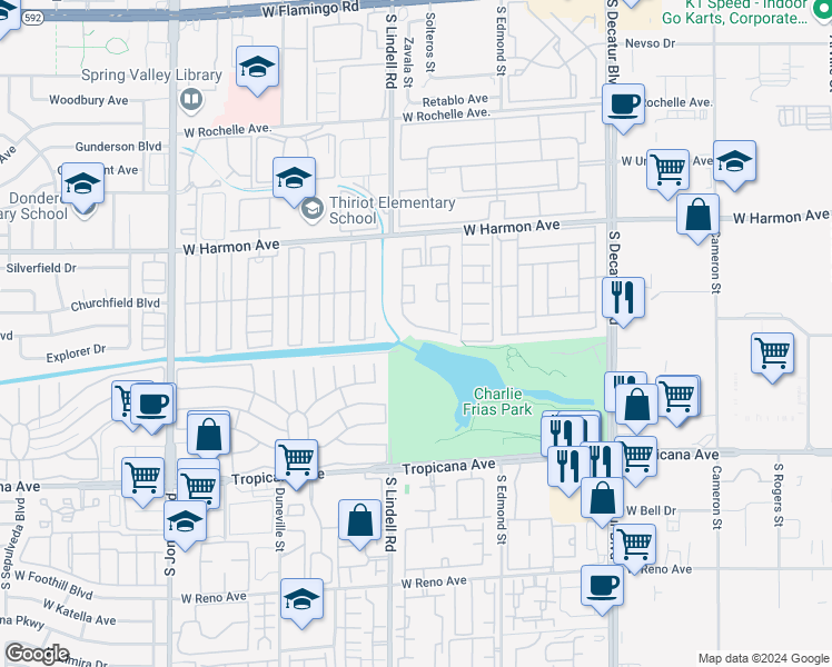 map of restaurants, bars, coffee shops, grocery stores, and more near 5415 West Harmon Avenue in Las Vegas