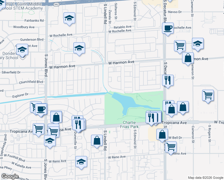 map of restaurants, bars, coffee shops, grocery stores, and more near 5415 West Harmon Avenue in Las Vegas