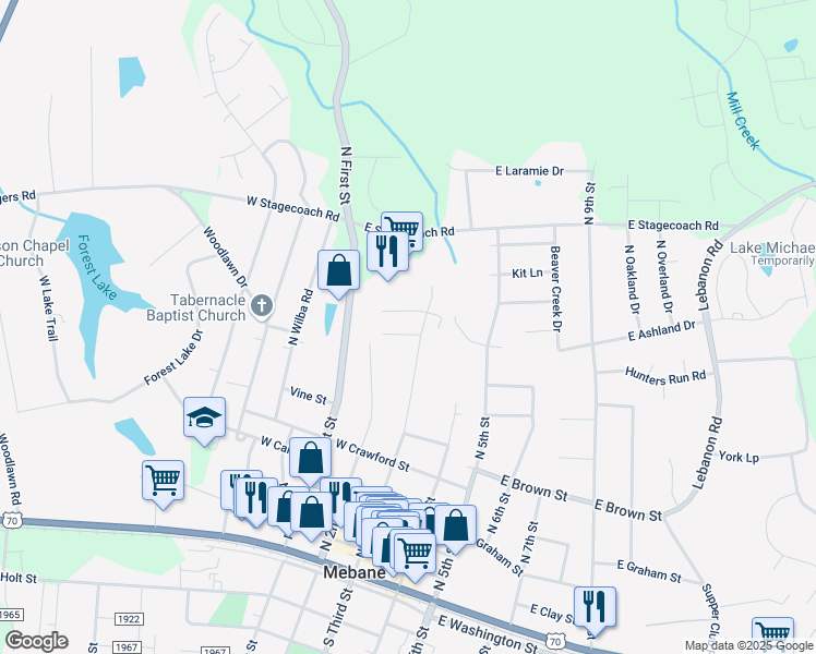 map of restaurants, bars, coffee shops, grocery stores, and more near 202 Belle Court in Mebane