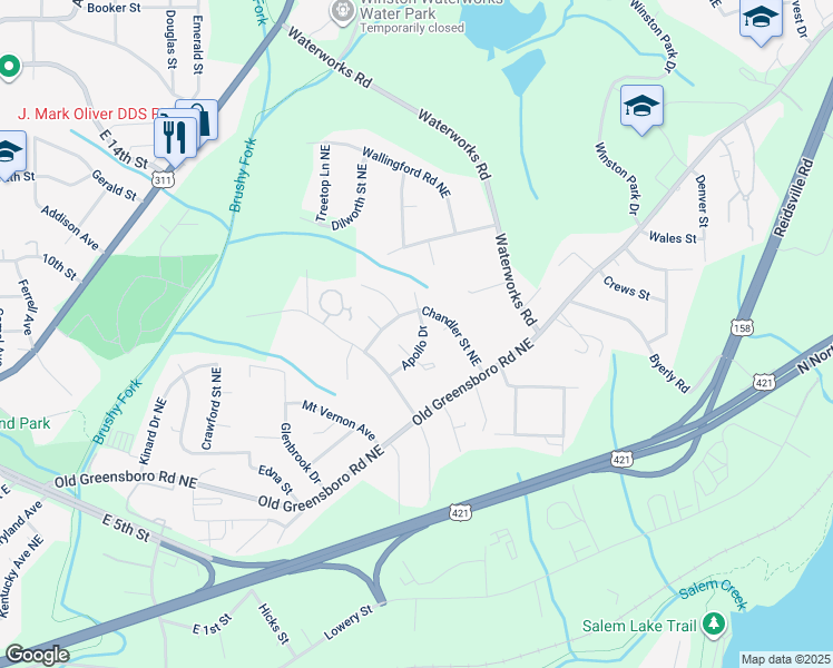 map of restaurants, bars, coffee shops, grocery stores, and more near 3050 Apollo Drive in Winston-Salem