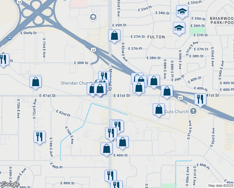 map of restaurants, bars, coffee shops, grocery stores, and more near 3923 South Memorial Drive in Tulsa