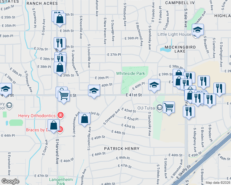 map of restaurants, bars, coffee shops, grocery stores, and more near 4017 South Oswego Avenue in Tulsa