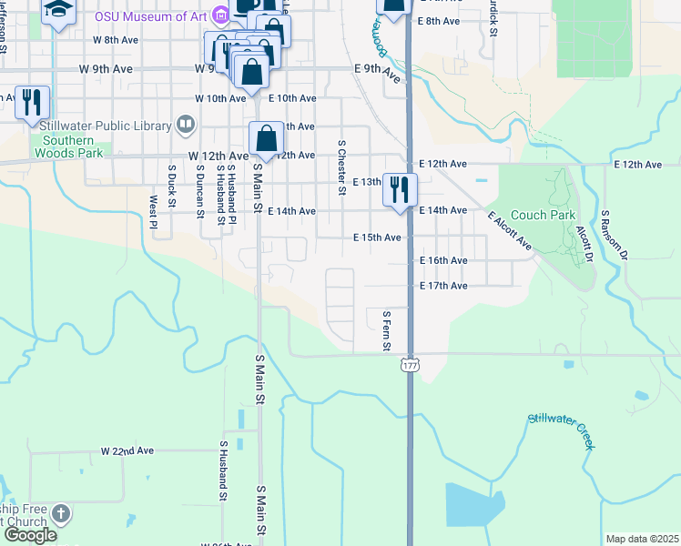 map of restaurants, bars, coffee shops, grocery stores, and more near 1823 South Chester Street in Stillwater