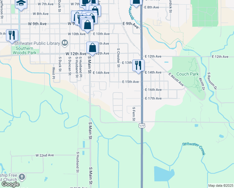 map of restaurants, bars, coffee shops, grocery stores, and more near 1823 South Chester Street in Stillwater