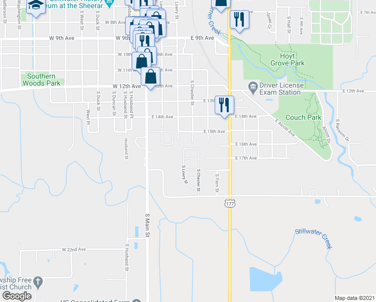 map of restaurants, bars, coffee shops, grocery stores, and more near 1823 South Chester Street in Stillwater